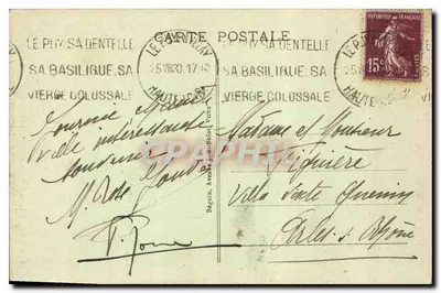 Le Puy - O Rocher Corneille e a Estátua de N.-D. de France (alt. 750 m.) — A Alta Loire pitoresca — editor não identificado, n° 8035 — Verso