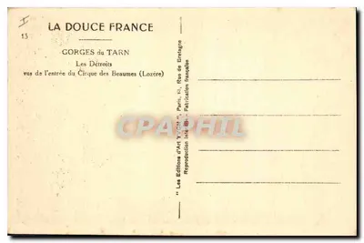 Góry Tarnu — Détroits, widok z wejścia do Cirque des Beaumes (Lozère) — Wydawnictwo Sztuki YVCN, Paryż — Rewers