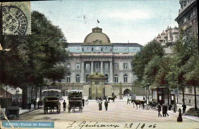 PARYŻ — Pałac Sprawiedliwości — widok budynku z samochodami i pieszymi — wydawca S. wydawca 1887