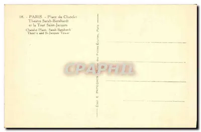Paryż - Plac Châtelet — Teatr Sarah-Bernhardt i Wieża Świętego Jakuba — Wydawca E. Papeghin, Paryż — Rewers