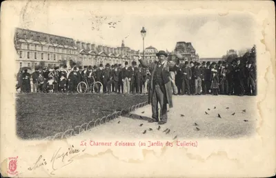 Le Charmeur d'oiseaux (au Jardin des Tuileries) — éditeur : Théophile Marique, n° de série non visible