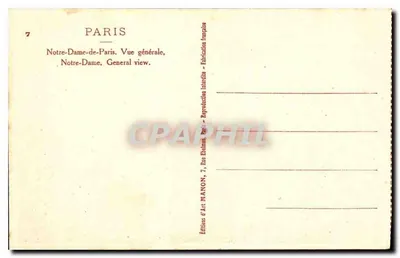 Notre-Dame w Paryżu — Wgląd ogólny — Wydawnictwo Sztuki MANON, ul. Ebléman 7, Paryż — Rewers