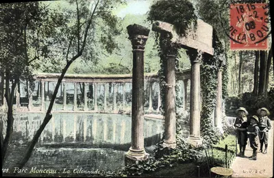 Parque Monceau. A Colunata — vista das ruínas colonnadas cercando uma lagoa, com três crianças em traje da época — editor L.V.&C., n° 708