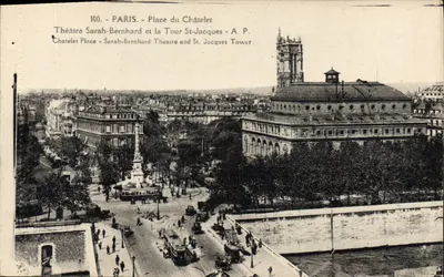 Paryż - Place du Châtelet - Teatr Sarah-Bernhard i Wieża St-Jacques - A.P.