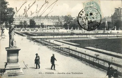 Paris - Jardim das Tuileries — vista do jardim com estátuas e trilhas — editor desconhecido, n° 35
