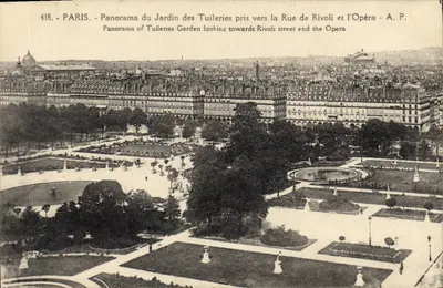 Paris - Panorama do Jardim das Tuileries capturado a partir da Rue de Rivoli e da Ópera - A. P. - n° 418