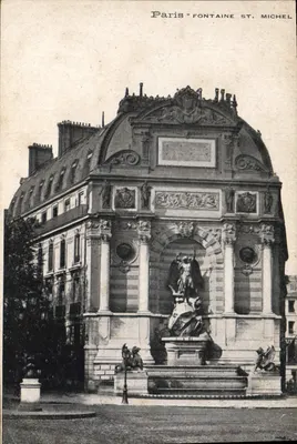 Paris - Fonte de São Miguel — vista da fonte ornada com esculturas — editor não identificado