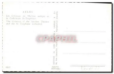 Arles — Kolumny Teatru Starożytnego i Katedra św. Trofimego — Wydawnictwo LUXE de LACOURBE, Paryż — Rewers