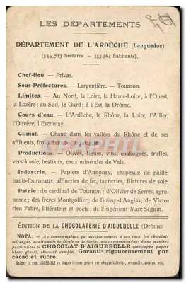 Bilhete postal antigo Os Departamentos Ardèche Edição da Chocolateria d'Aiguebelle — Verso