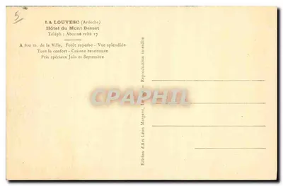 La Louvesc (Ardèche) — Hotel do Mont Besset — Edição de Arte Léon Margant — Verso