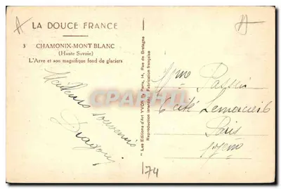 Chamonix-Mont-Blanc — L'Arve i jej piękne tło lodowców — Les Éditions d'Art Yvon, Paryż — Rewers