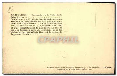 Angoulême — Catedral de São Pedro — Edições Artísticas Raymond Bergevin — Verso
