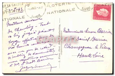 Aix-les-Bains — Uma parte da fachada do Estabelecimento Termal — L. Blanc, Ed. Montmélian — Verso