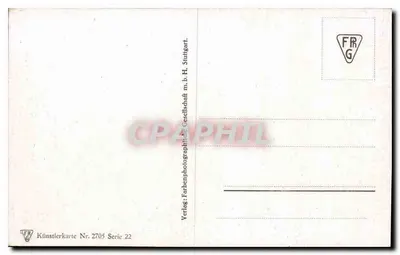 Wioska alpina — dom z kwiatami na balkonach i zasneżone góry — FRG H. H. Stuttgart, seria 22 — Rewers