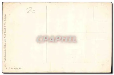 Veld met paarse bloemen — strohutjes — uitgever F. E. D. & Co. Leipzig, serie 451 — Achterkant