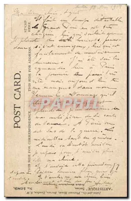 Bos van berk aan de rand van een vijver — tweetalig tekst — Inter-Artistique Co., Londen, serie N° 1689 — Achterkant