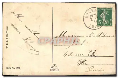 Kind mit Schlitten — Winterlandschaft — W. R. B. & Co. Wien, Serie 3019 — Rückseite
