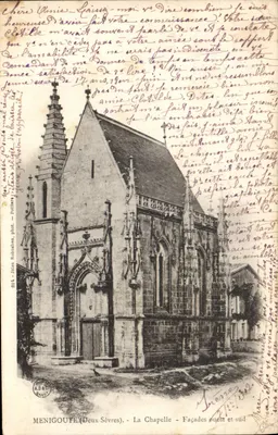 Bilhete postal antigo Menigoute Deux Sevres la Chapelle Facade Ouest e Sul