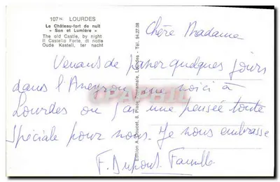Zamek-fortyfikacja w nocy — Lourdes — Wydawnictwo A. Doucet, nr 107 — Rewers