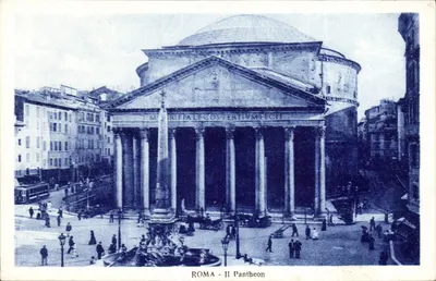 Rzym — Pantheon — widok z monumentu z fontanną i tramwajem — wydawca CPAPHIL, nr 47-30