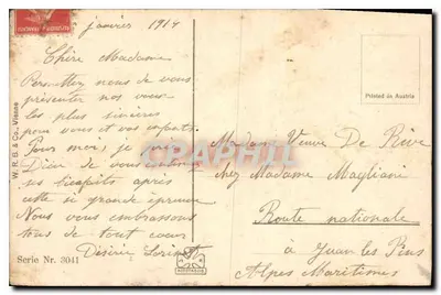 Zimowy krajobraz z kościołem — Wesołych Świąt — W.R.B. & Co., Wiedeń, seria 3041 — Rewers