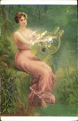 Mulher em vestido rosa tocando uma lira — Paul Duthoit — editor P. Du Thant