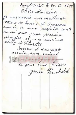 Arranjo de rosas e flores azuis — ferro de cavalo — Lambersart, 30-12-1944 — Verso