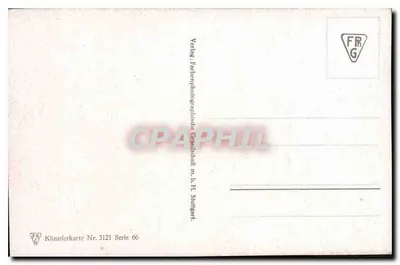 Ruralny krajobraz z domem z dachem z trawy — Künstlerkarte Nr. 3121, seria 66 — Verlag Farbenphotographische Gesellschaft m.b.H. Stuttgart — Rewers