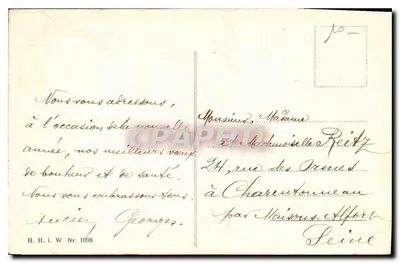 Zimowy krajobraz z ptakami — Szczęśliwego Nowego Roku — wydawca H.H.I.W. n° 1098 — Rewers