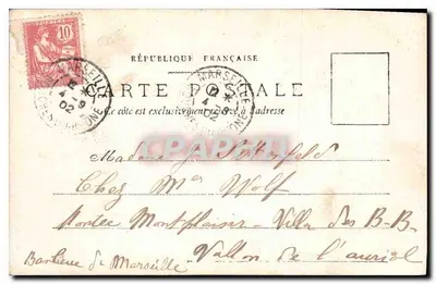 Menina lendo em um jardim — carta postal datada de 4/9/1904 — editada pela Sociedade das Cartas Postais de Marselha — Verso