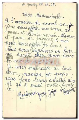 Zimowy krajobraz — zasnowione wioski z mostem — tekst 'Bonne Année' — wydawca 'FABRICATION FRANÇAISE' (odwrotny) — Rewers