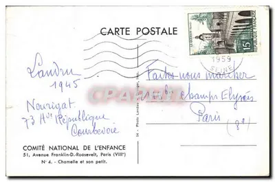 Bilhete postal antigo Chamelle e seu pequeno — Verso