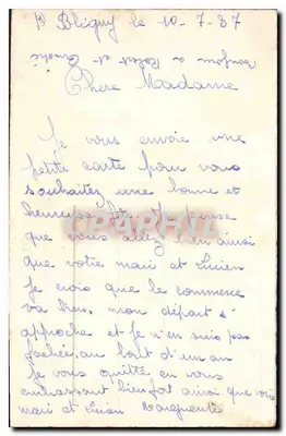 Cesta de rosas e flores — carta postal antiga — Bliquy, 10 de julho de 1887 — Verso