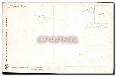 Dwie kobiety w kuchni — obraz Sigvarda Hansen — wydawca B. Schürer & Co., nr 4165 — Rewers
