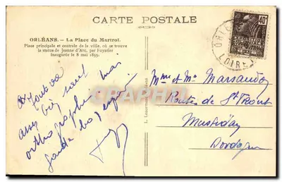 Orléans — Place du Martrot — figura Jeanne d'Arc przez Foyatier — wydane przez L. Lenormand — Rewers