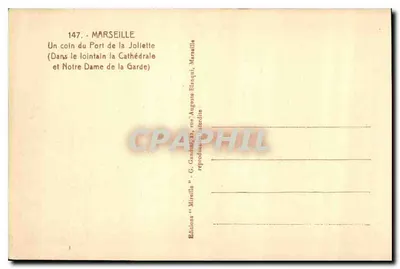Marsella — Un rincón del Puerto de la Joliette con la Catedral y Notre-Dame de la Garde — Mireille — Reverso