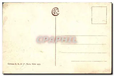 Vista de aldeia — casa na colina com ciprestes — Edições E. K. & C°, Série 1977 — Verso