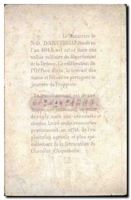 Mosteiro de N.D. d'Aiguebelle — paisagem invernal — editado pela Chocolaterie d'Aiguebelle (Drôme) — Verso