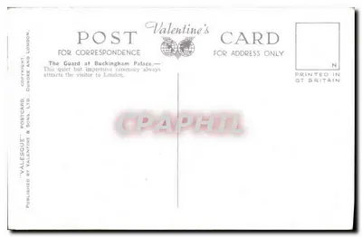 Mudança de guarda, Palácio de Buckingham, Londres — T.3. — Valentine's Postcard, Ltd. Dundee & London — Verso