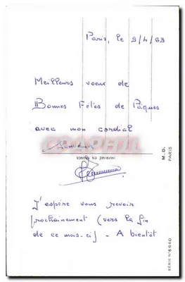 Kwitki myśliwki — Szczęśliwego Dnia — M.D. Paryż, seria nr 6640 — Rewers