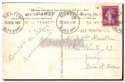 Menton - Garavan i Czerwone Fochery — R.M. — Wydawnictwo Sztuki, Menton, nr 1454 — Rewers