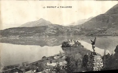 Duingt e Talloire — vista do lago com castelo em ilha e estátua — P. Pilliar, fot. - edit. Annecy