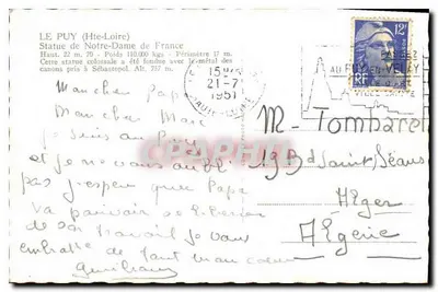 Estátua de Nossa Senhora da França — Le Puy (Alta Loire) — editor Cim — Verso