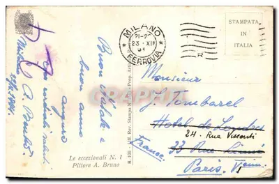 Kobieta w kapeluszu z piórami — ilustracja — Pittore A. Bruno, N. 106 — Rewers