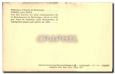 Castelos de Aunis e Saintonge — Usson perto de Pons — Editor Raymond Bergevin, n°21927 — Verso