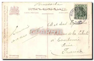 Place Kleber w Strasburgu — wizja z fontanną i kościołami — Tuck's Postkarte, seria 'Oilette' n°107 — Rewers