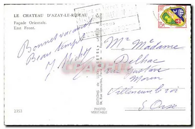 Castillo de Azay-le-Rideau — Fachada Oriental — Editor Estel, n°2353 — Reverso