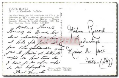 Tours (L.-et-L.) — A Catedral de São Gatien — Editor Comberousse, n° 000 — Verso