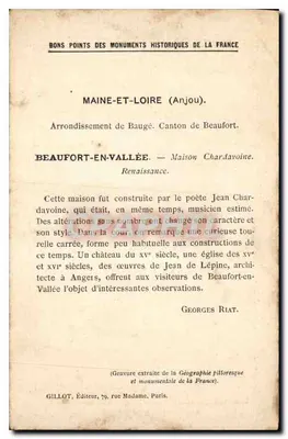 Beaufort-en-Vallée (Maine-et-Loire) — Maison Chardavoine — Série 1, Les Monuments historiques de la France — Verso