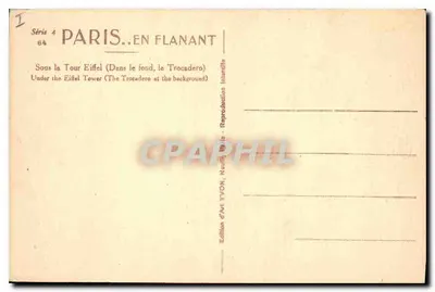 Vista bajo la Torre Eiffel — el Trocadéro en segundo plano — Edición de Arte YVON — Reverso